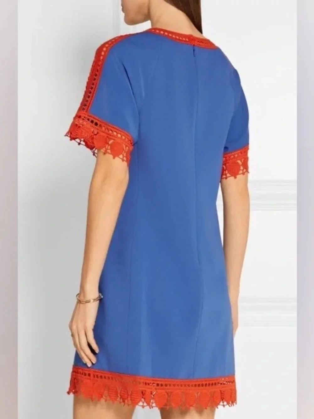 Tory Burch Marissa Dress Womens 2 Blue Orange Crochet Trim Runway